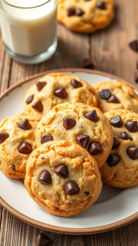 Gluten-Free 1:1 Flour Cookies Recipe A plate of golden brown gluten-free cookies with chocolate chips, served with a glass of milk on a wooden table.